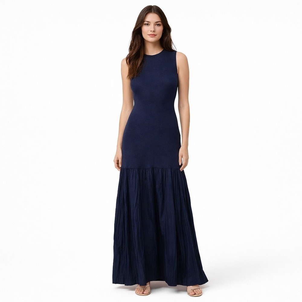 ZARA Combination Knit Sleeveless Pleated Bottom Dress Sz M Navy Blue Bodycon EUC